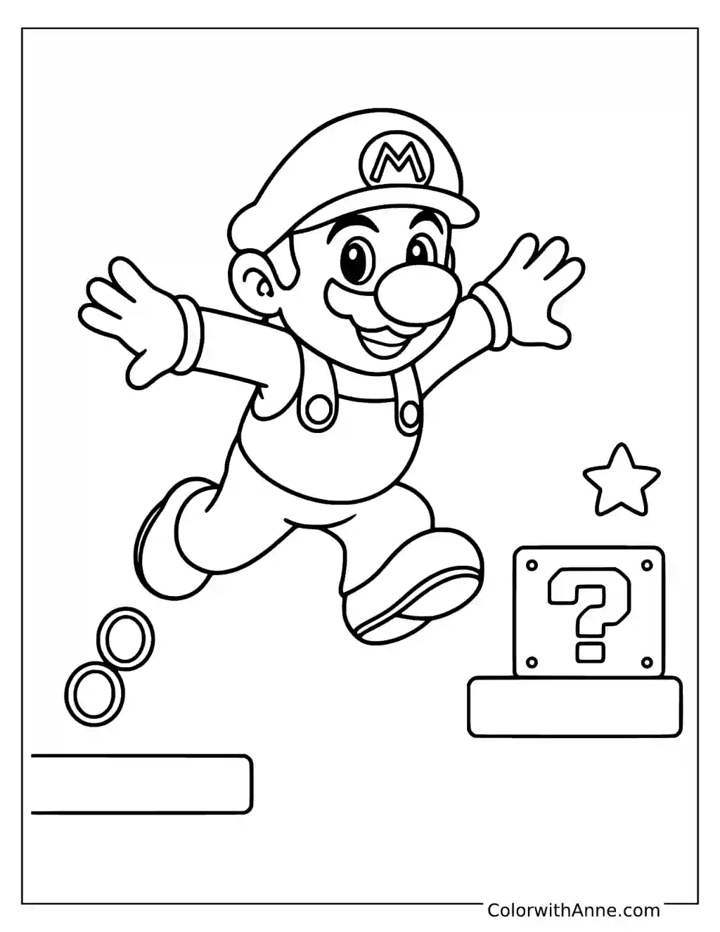 Coloring page of Mario leaping toward a question block