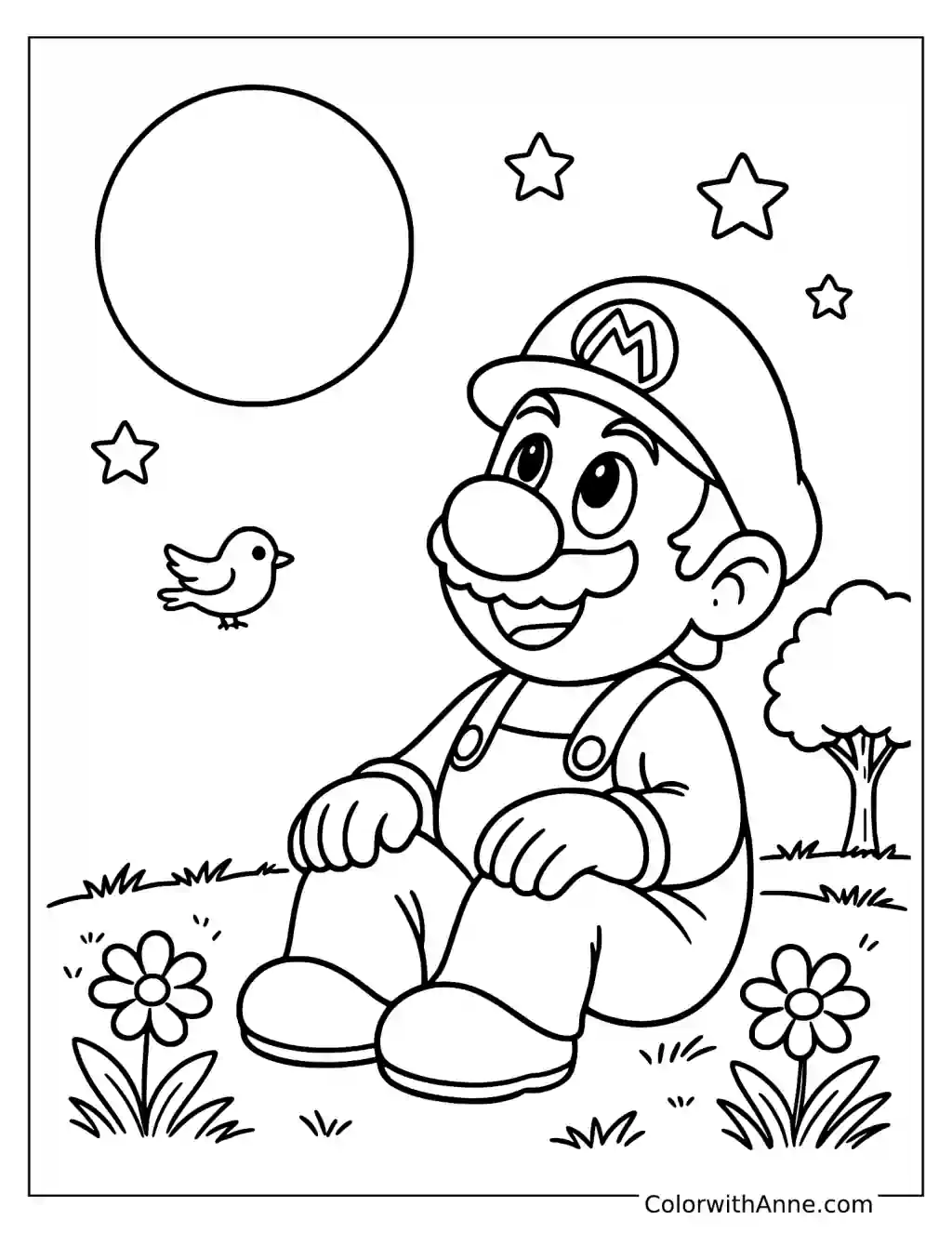 Coloring page of Mario relaxing beneath the sun