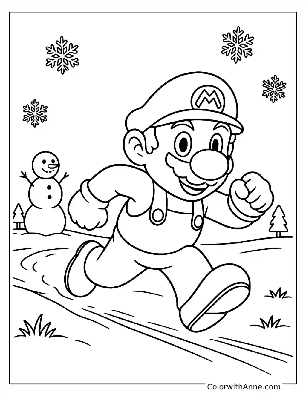 Coloring page of Mario running through the snow