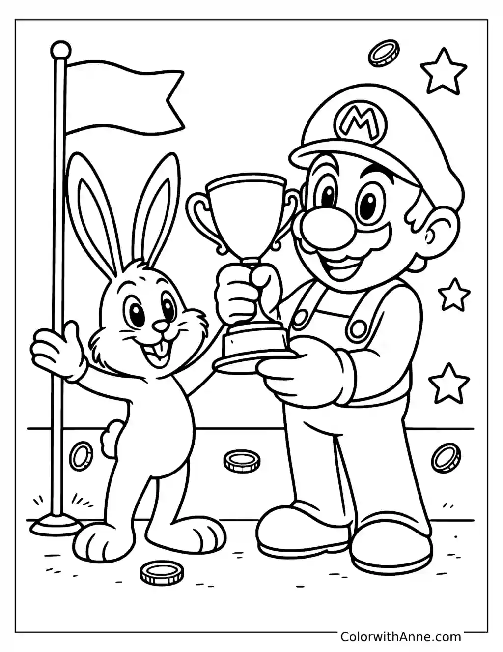 Coloring page of Mario sharing a trophy with a rabbit
