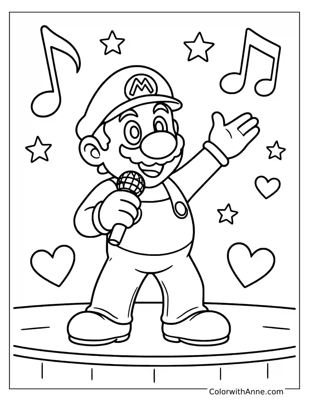 Coloring page of Mario singing on stage