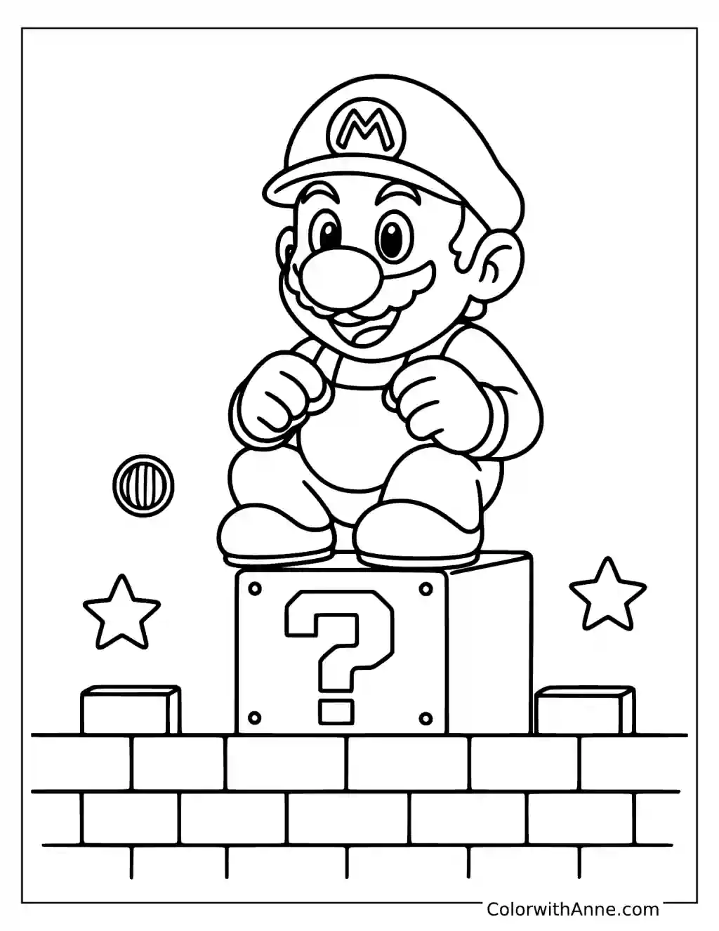 Coloring page of Mario sitting on a question block
