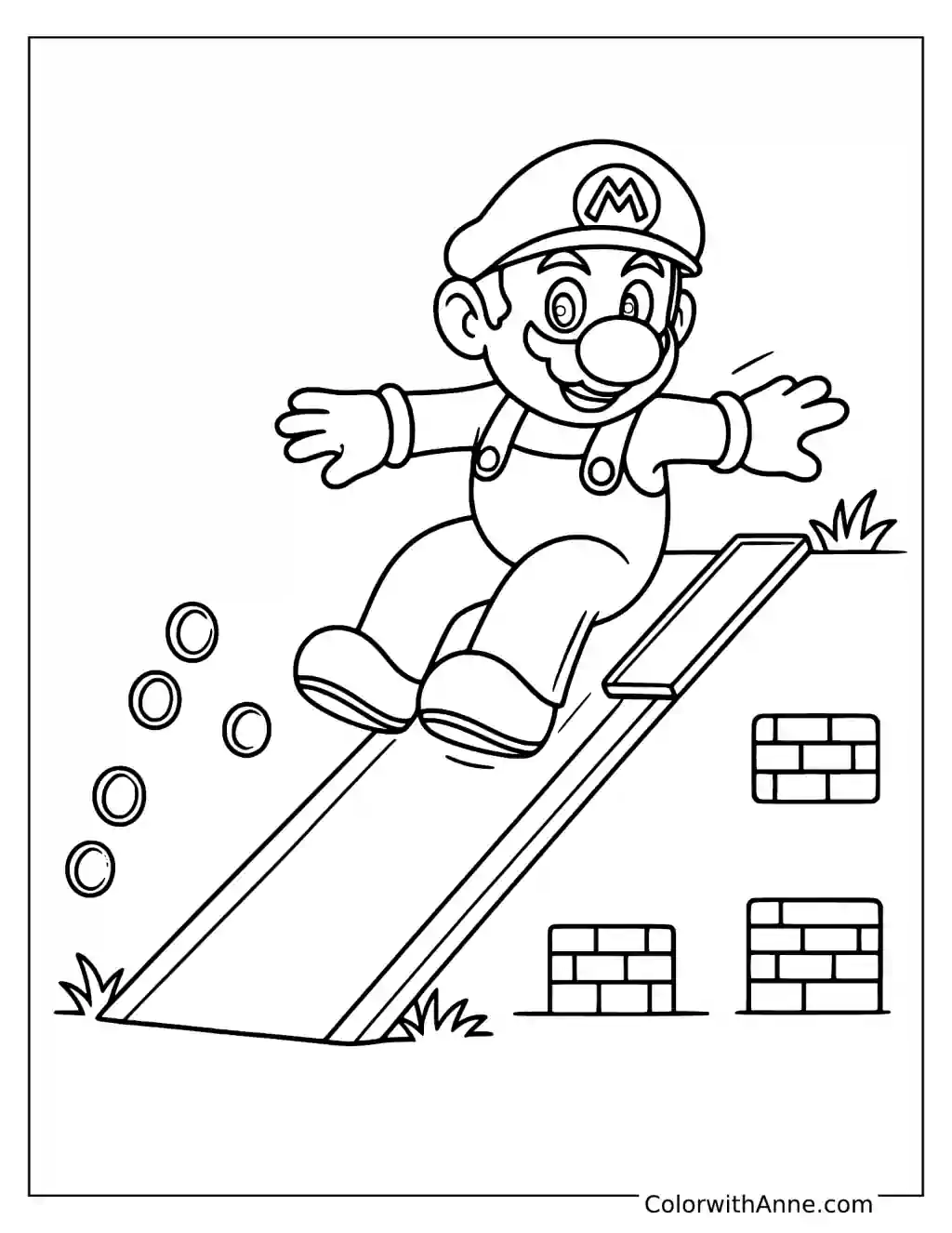 Coloring page of Mario sliding down a ramp