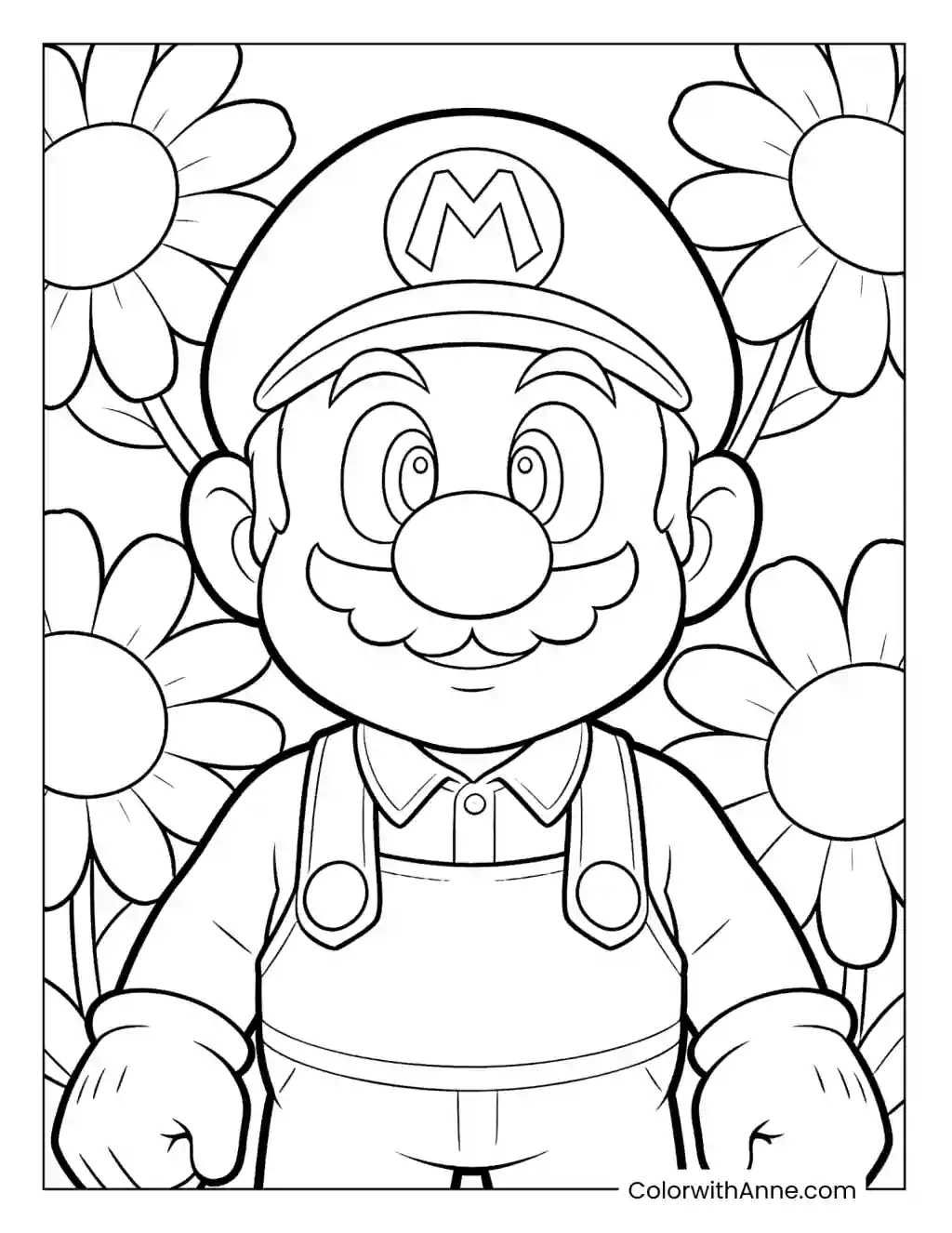 Mario Surrounded by Giant Daisy Flowers Coloring Page