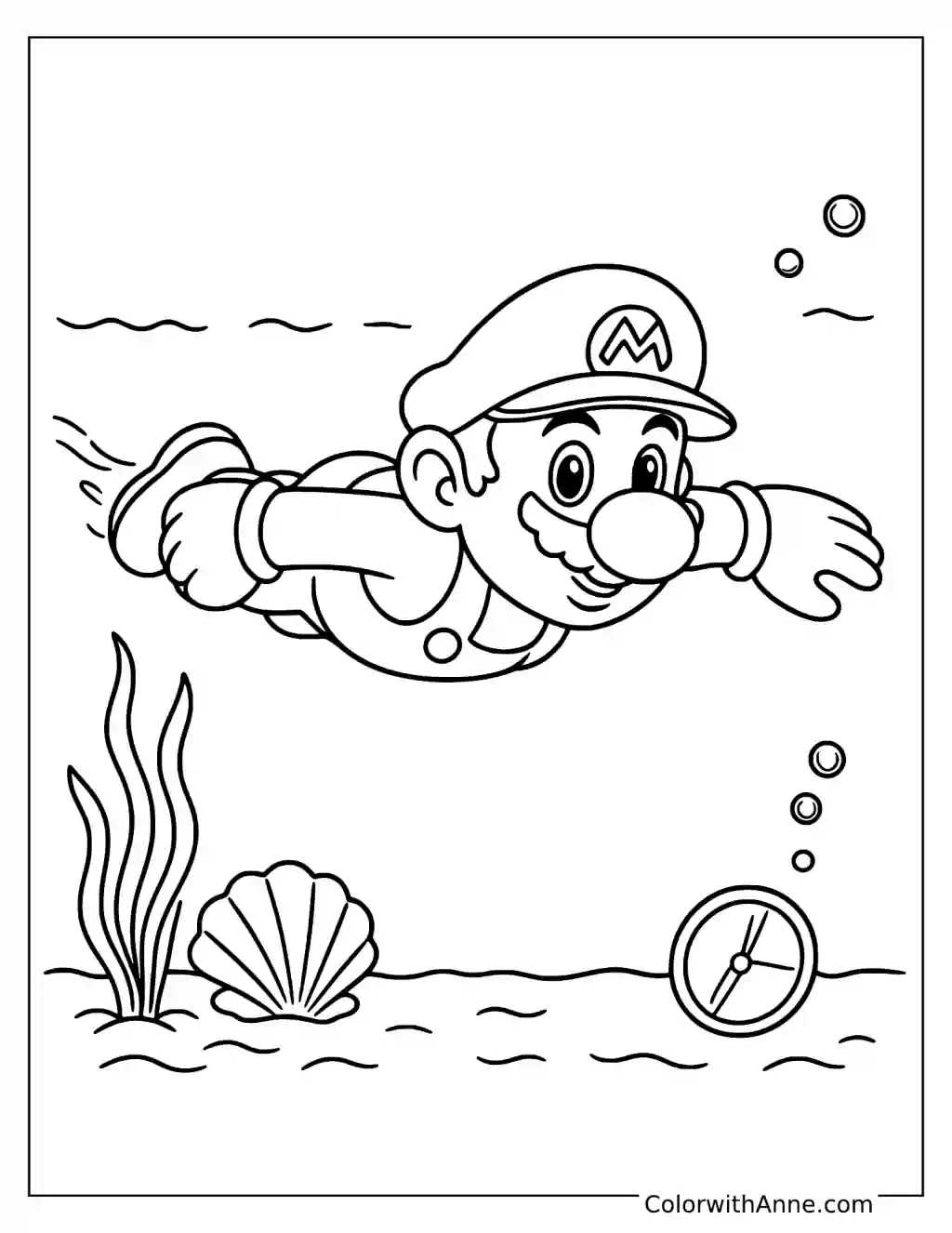 Coloring page of Mario swimming underwater
