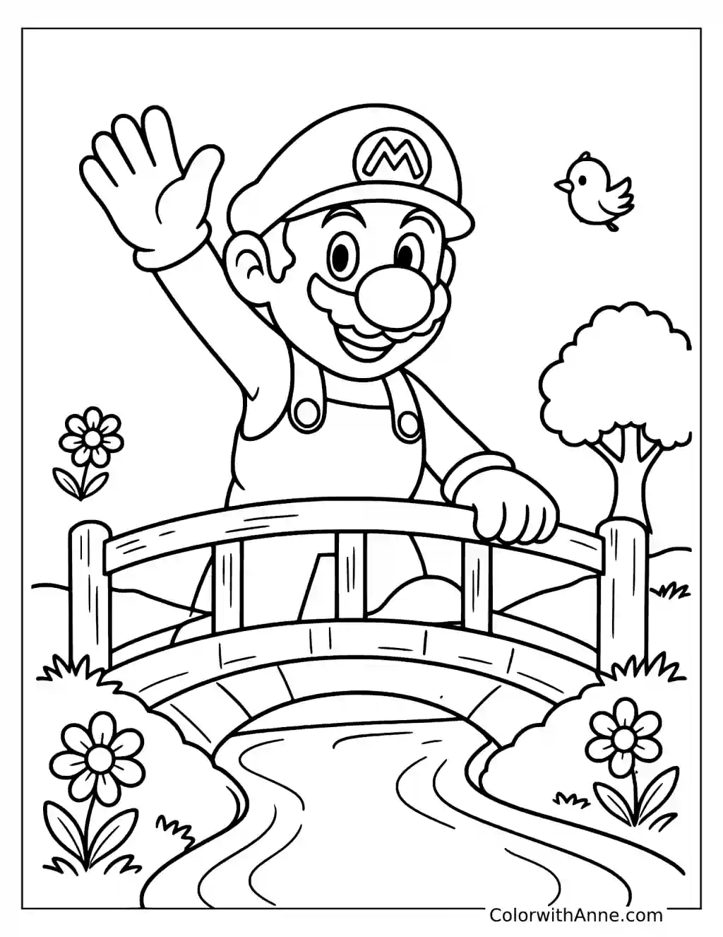Coloring page of Mario waving from a bridge