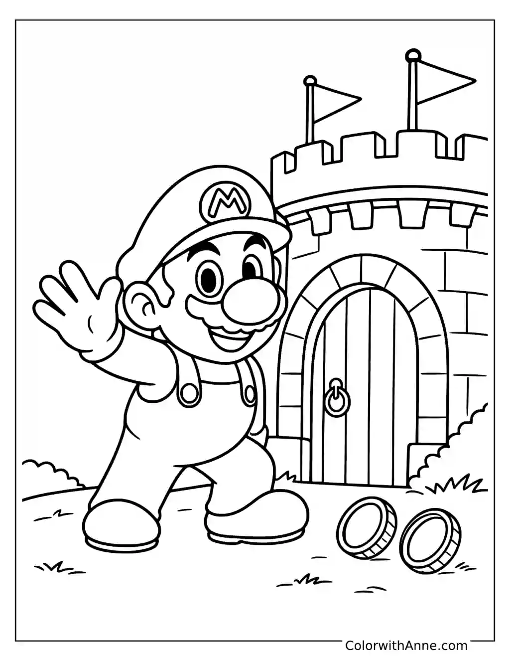 Coloring page of Mario waving outside a castle