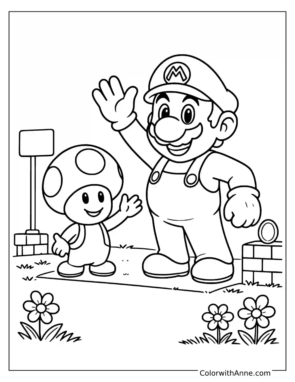 Coloring page of Mario waving with Toad