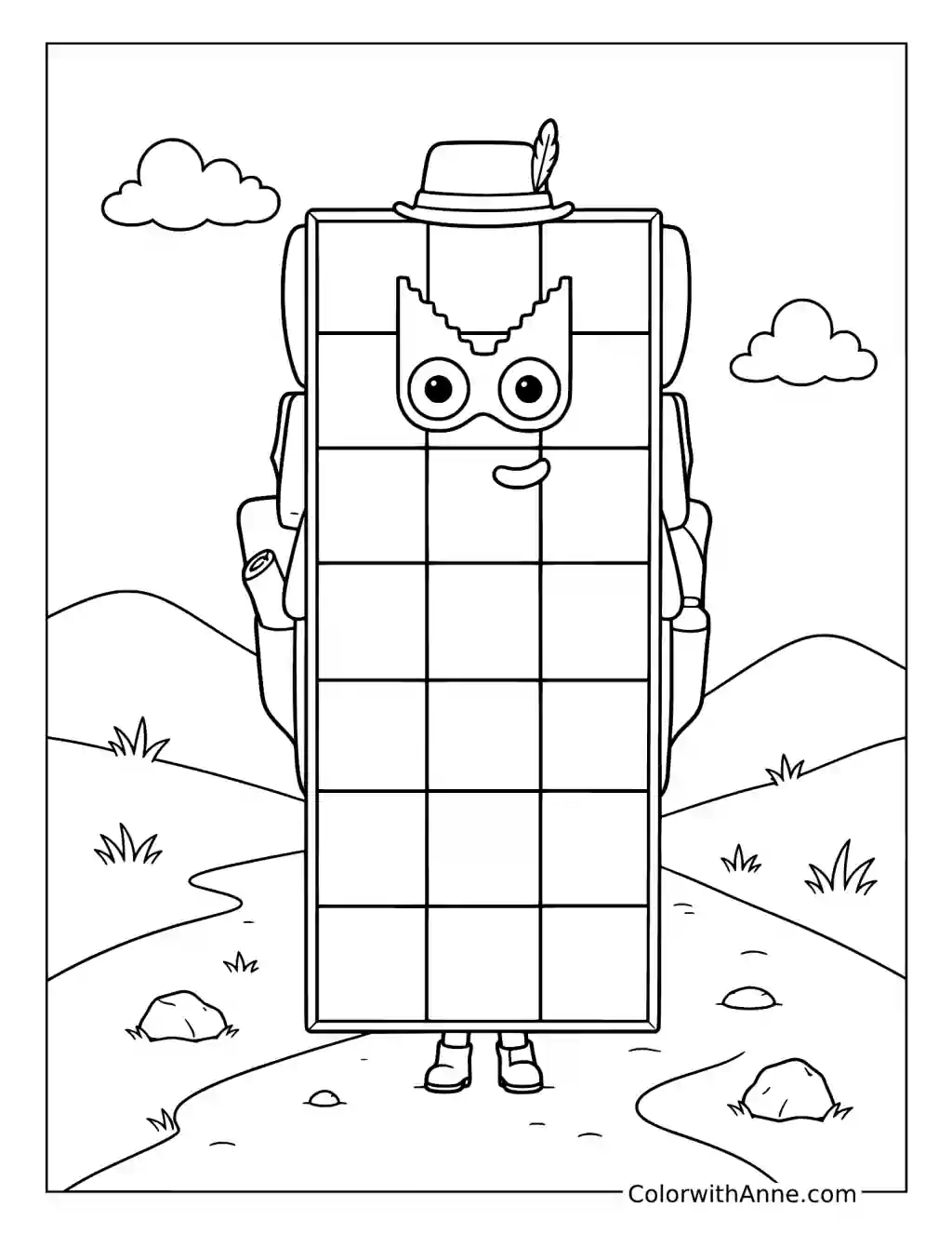 Masked Explorer in a Hilly Landscape coloring page