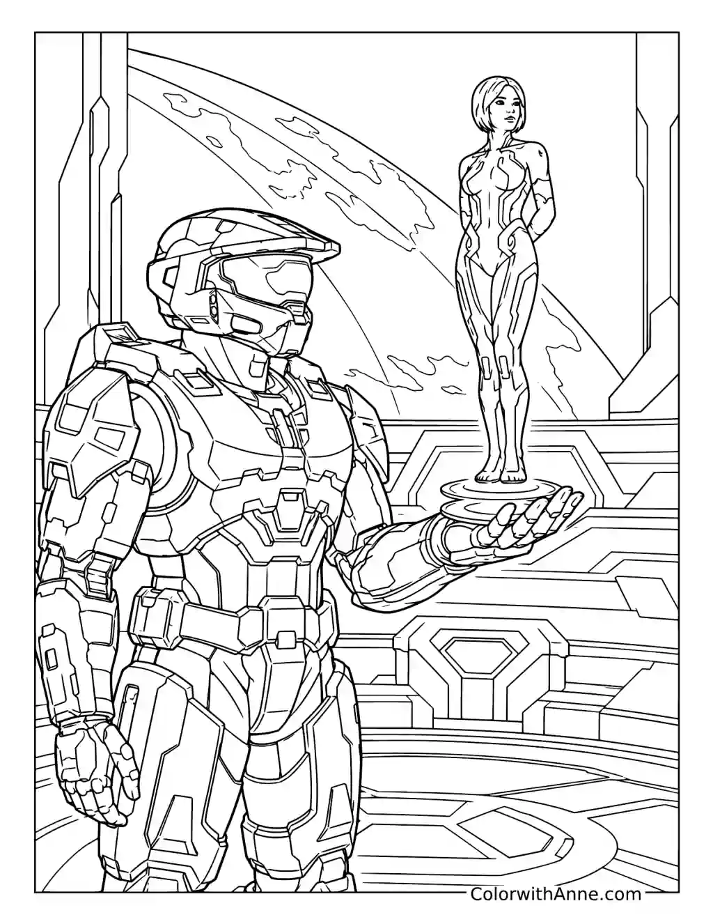 Master Chief and Cortana at a Forerunner Terminal coloring page