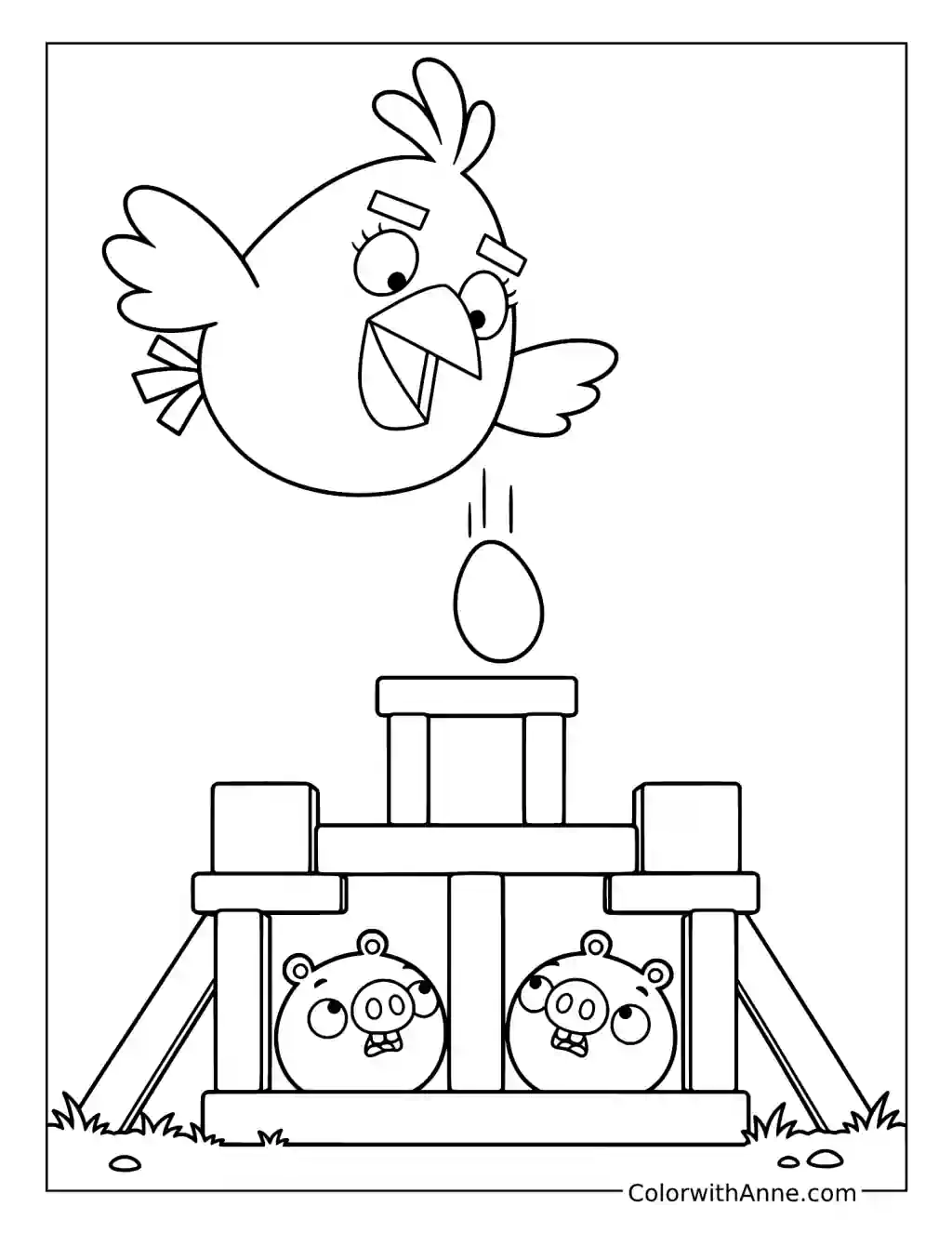 Matilda drops an egg toward a wooden tower with two pigs beneath her.