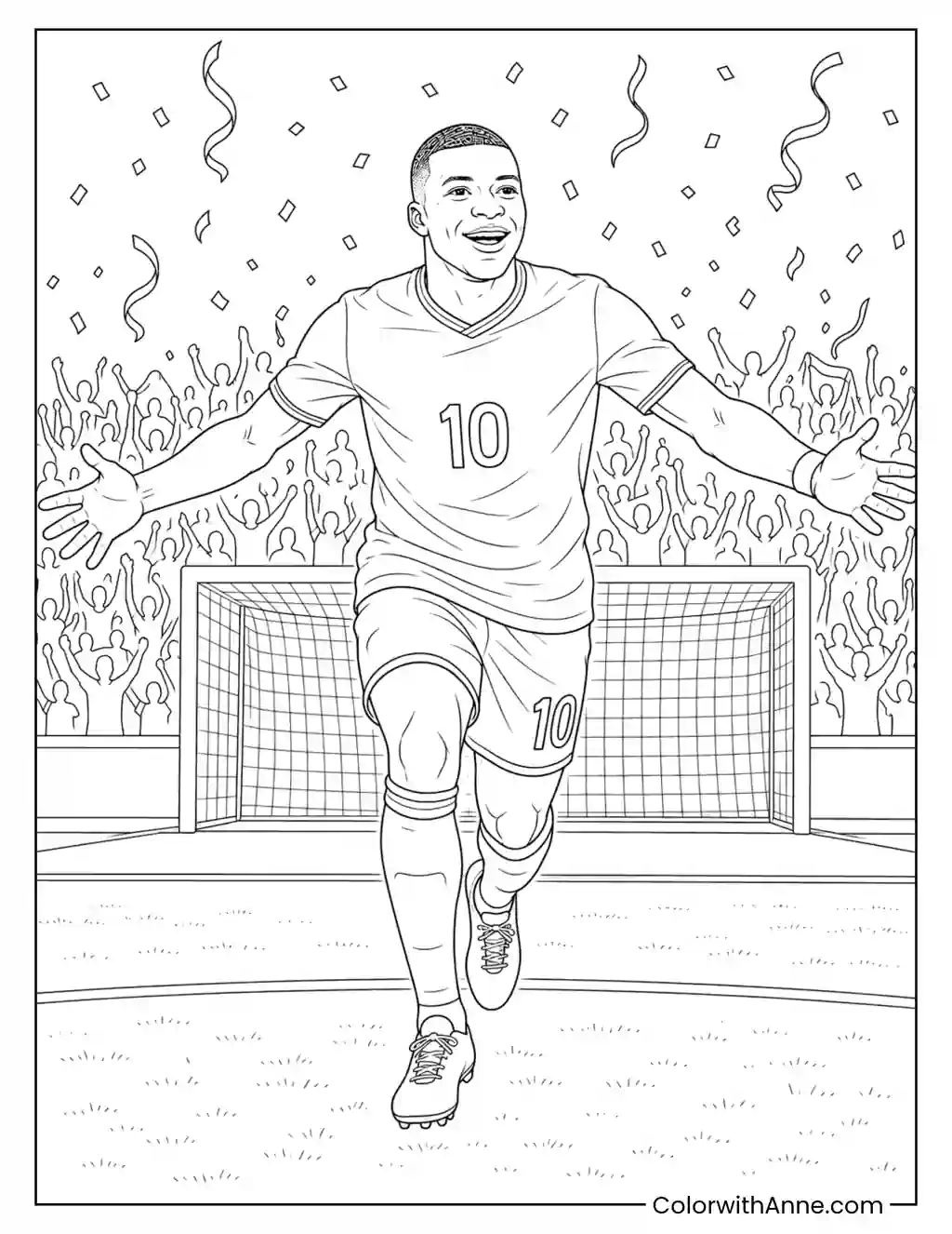Mbappé Goal Celebration in Front of the Net coloring page