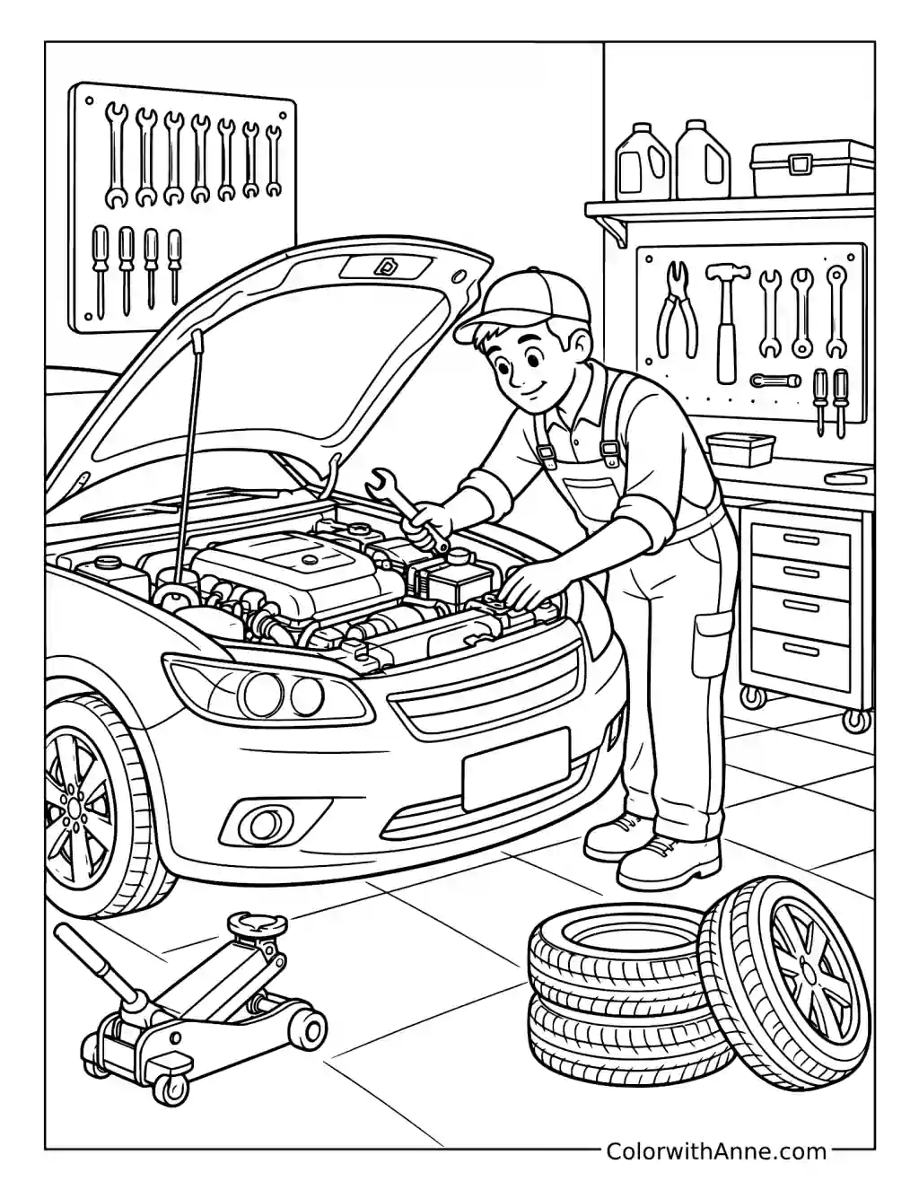 Mechanic Repairing a Car coloring page
