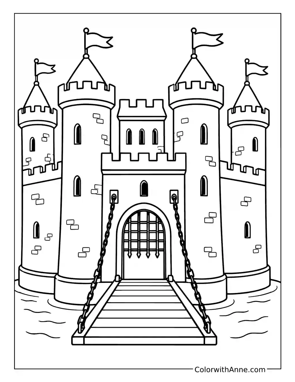 Medieval Castle with a Drawbridge coloring page