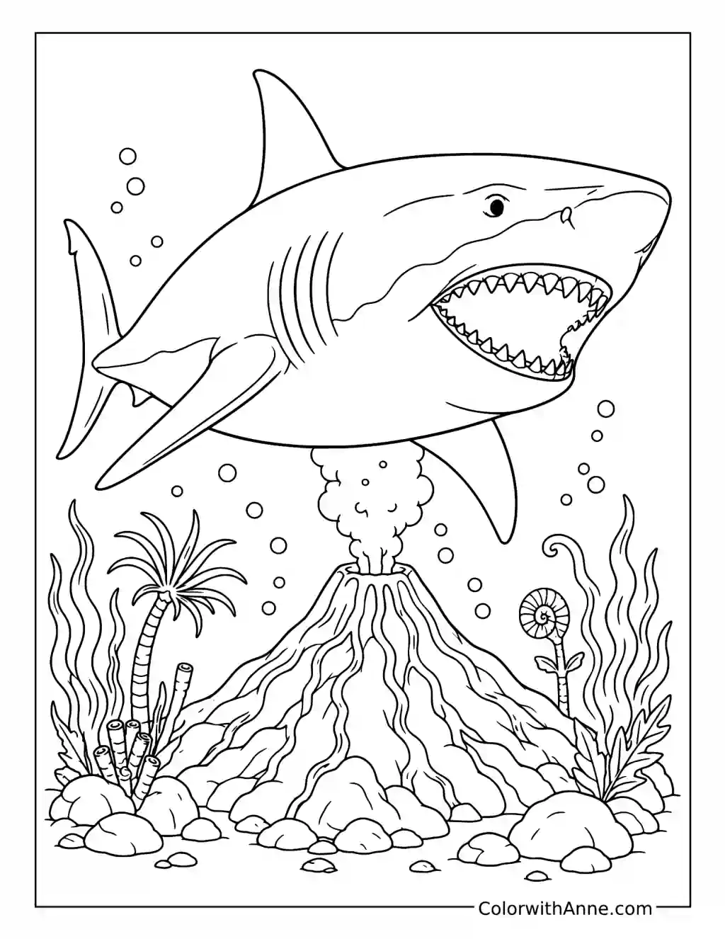 Megalodon Above an Underwater Volcano coloring page