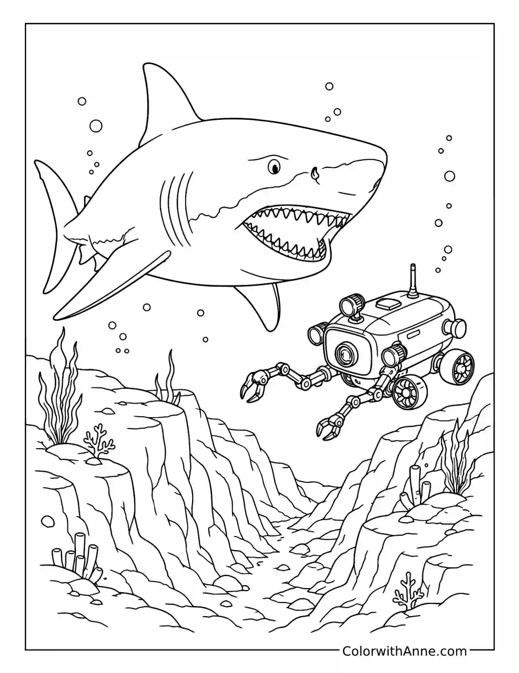 Megalodon and a Deep-Sea Rover coloring page