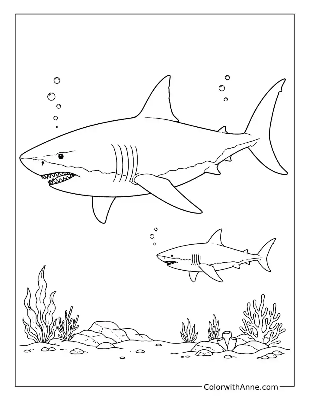 Megalodon and a Great White Shark coloring page