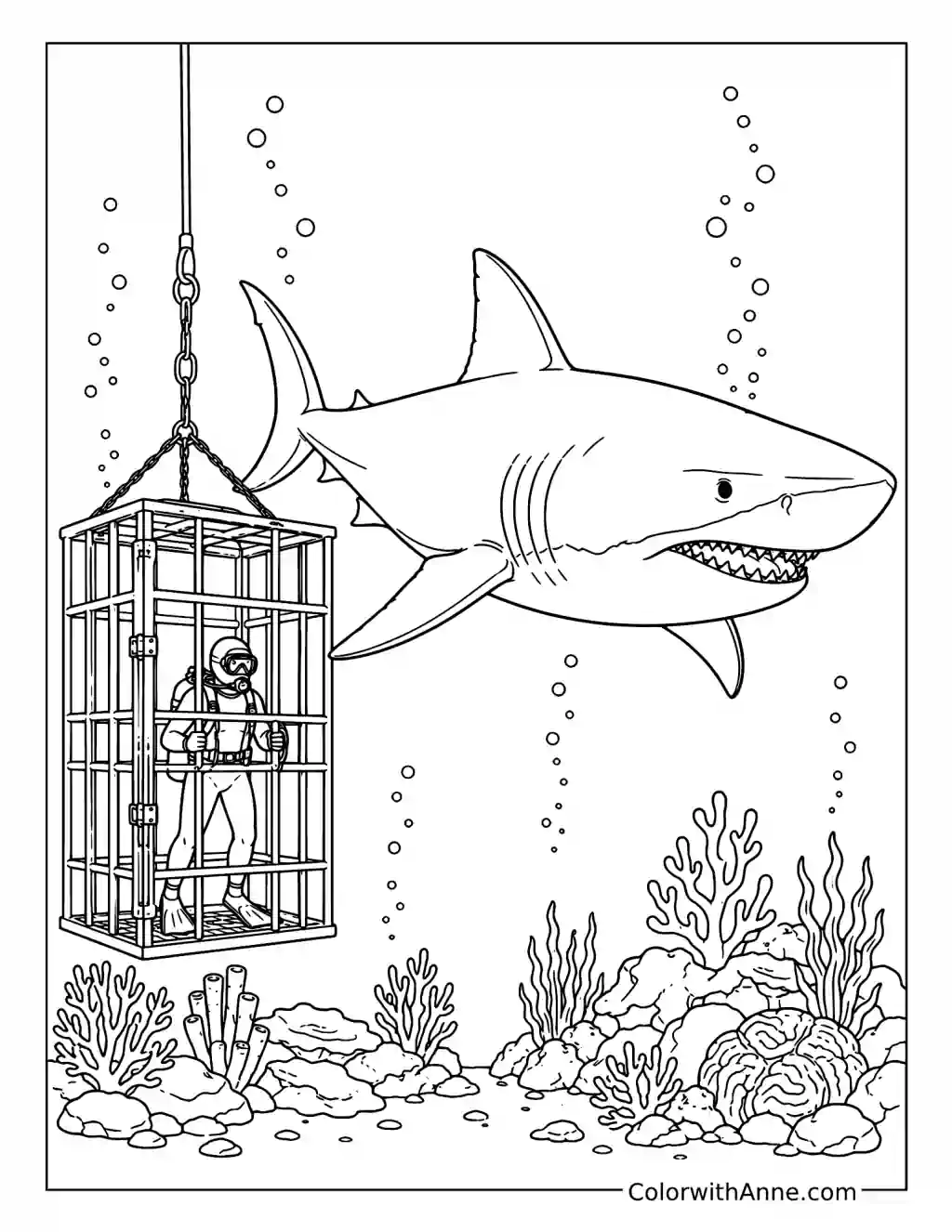 Megalodon and a Scuba Diver coloring page