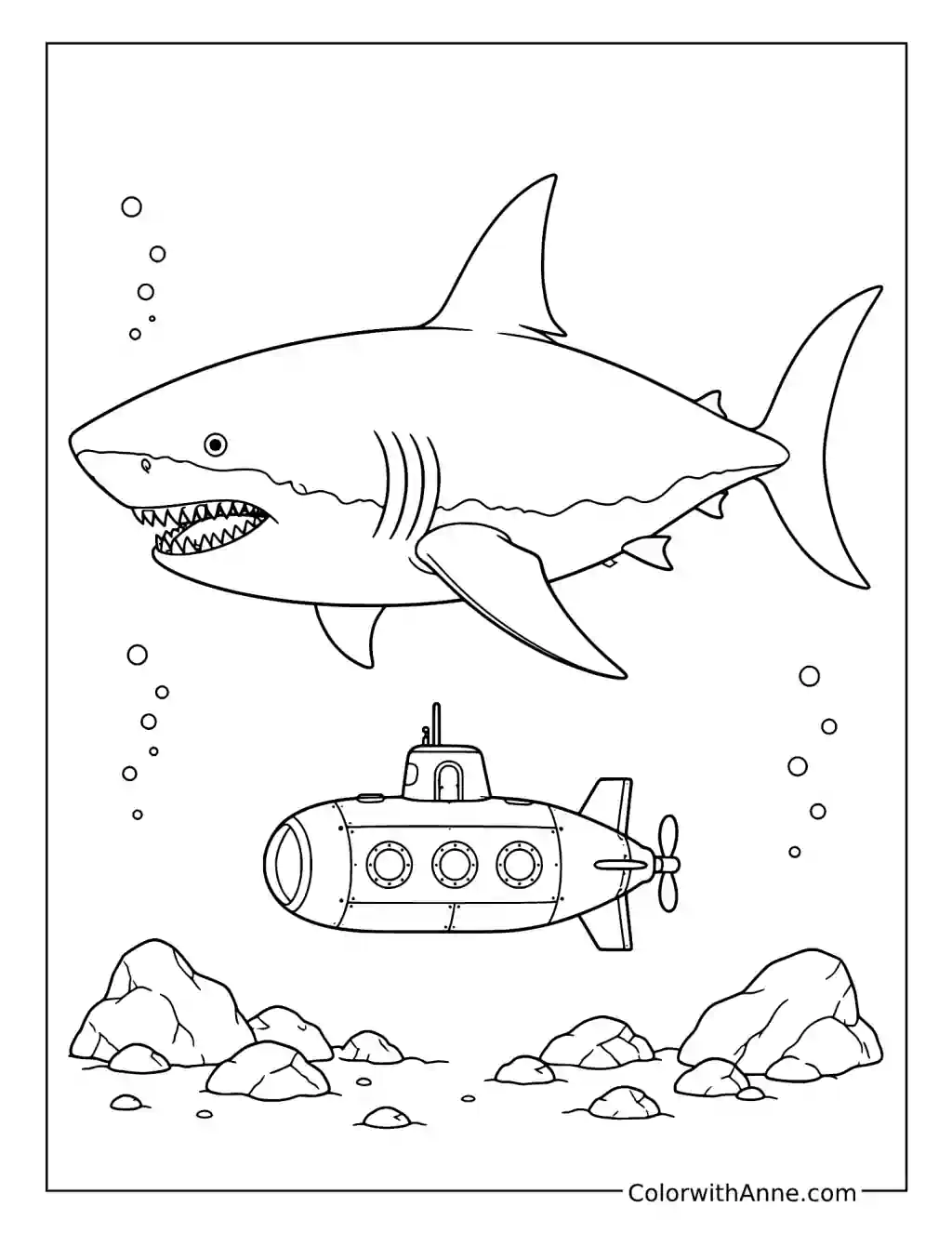 Megalodon Beside a Submarine coloring page