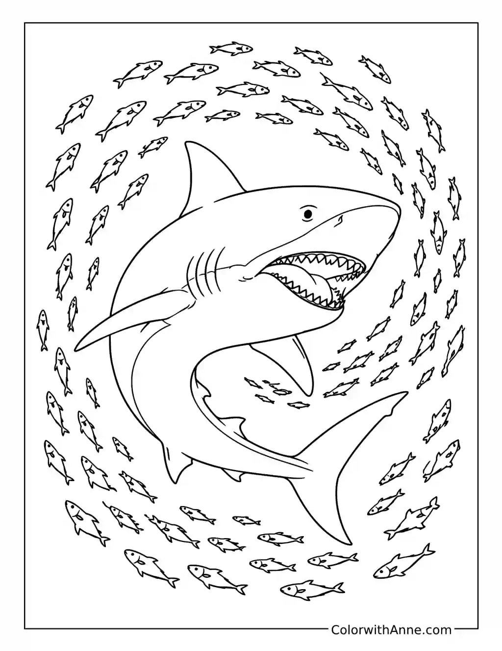 Megalodon Inside a Swirling Fish School coloring page
