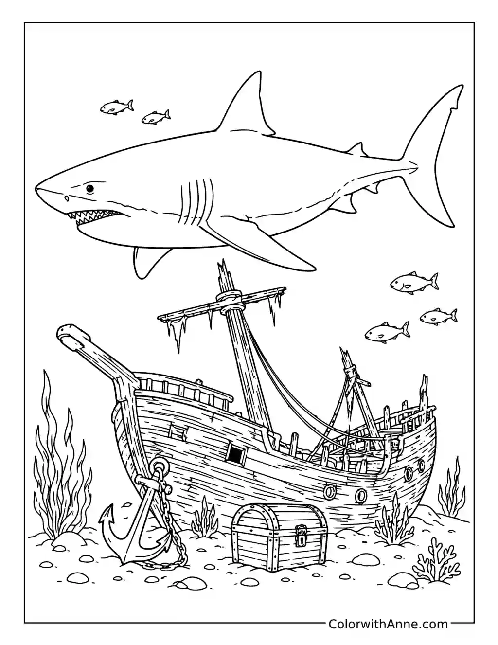 Megalodon Near a Sunken Ship coloring page
