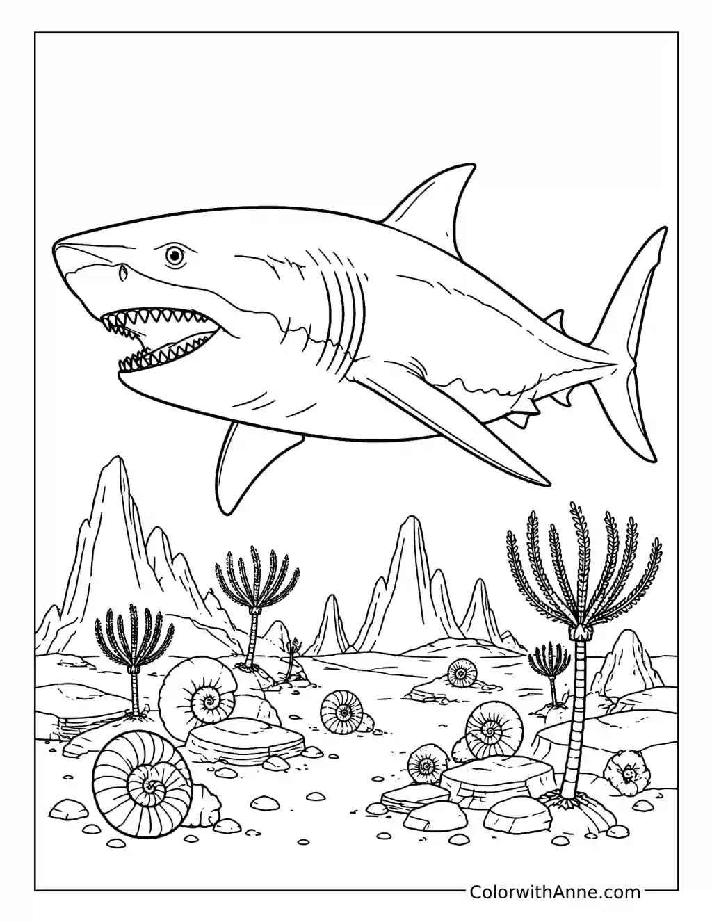 Megalodon Over a Prehistoric Seabed coloring page