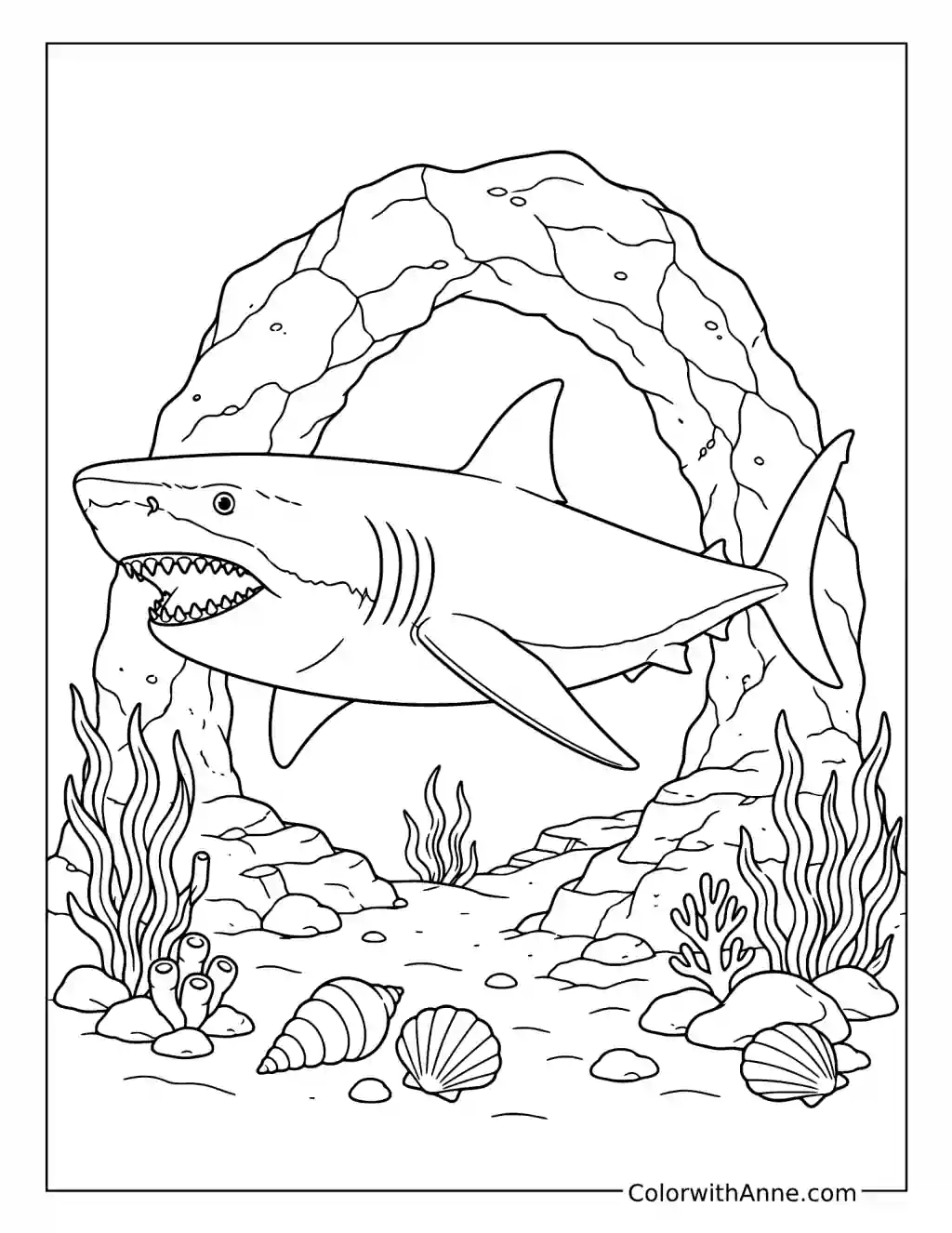 Megalodon Swimming Through a Stone Arch coloring page