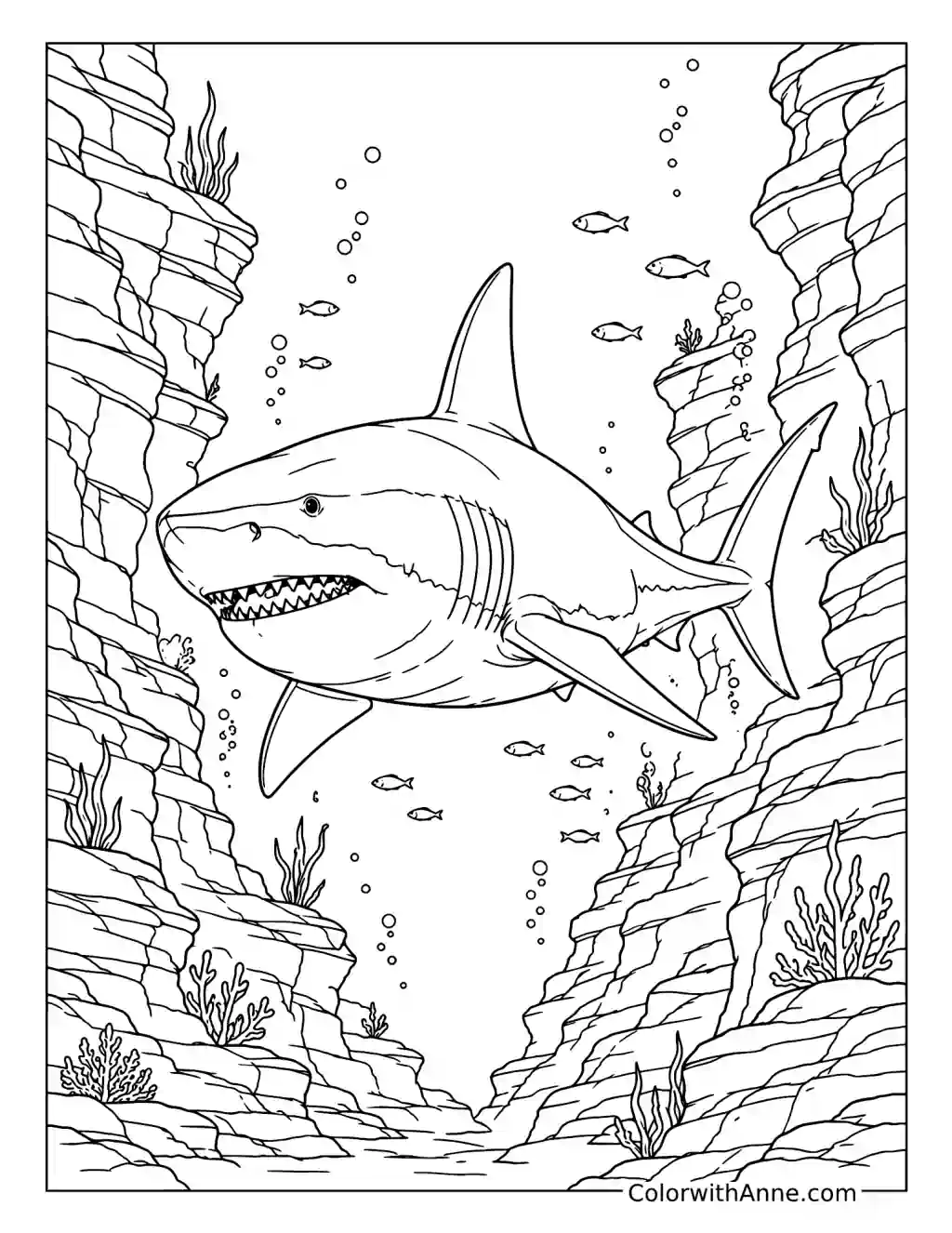 Megalodon Through an Underwater Canyon coloring page