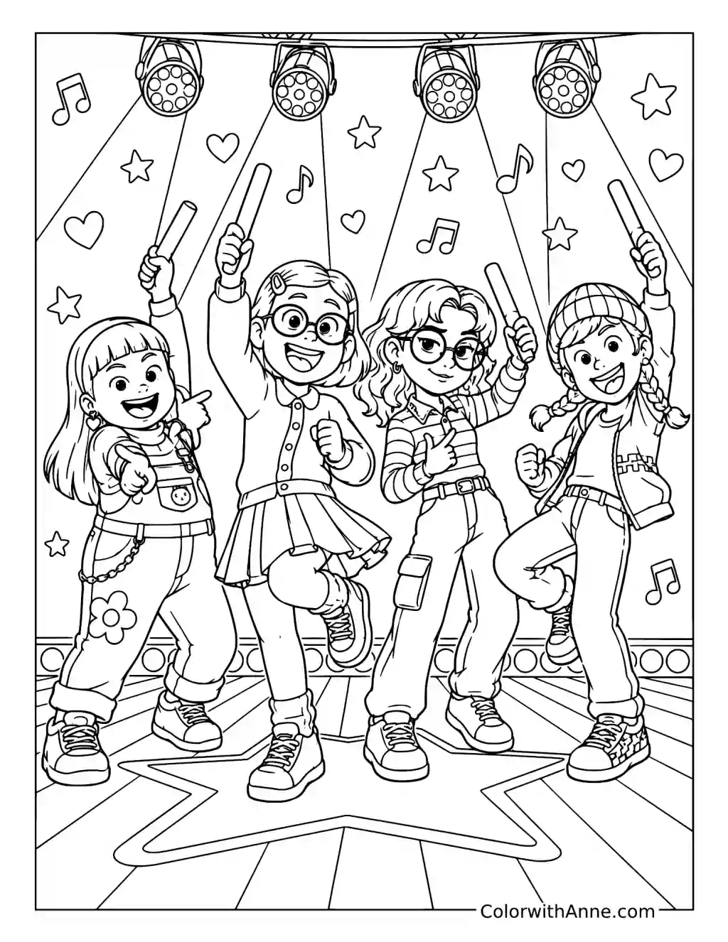 Mei and Friends Dancing at a Concert coloring page