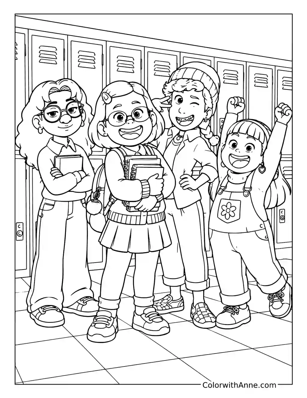 Mei and Friends in a School Hallway coloring page