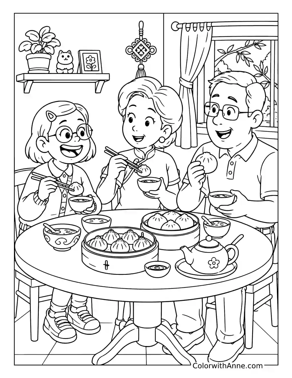 Mei Lee and Her Family Having Dinner coloring page
