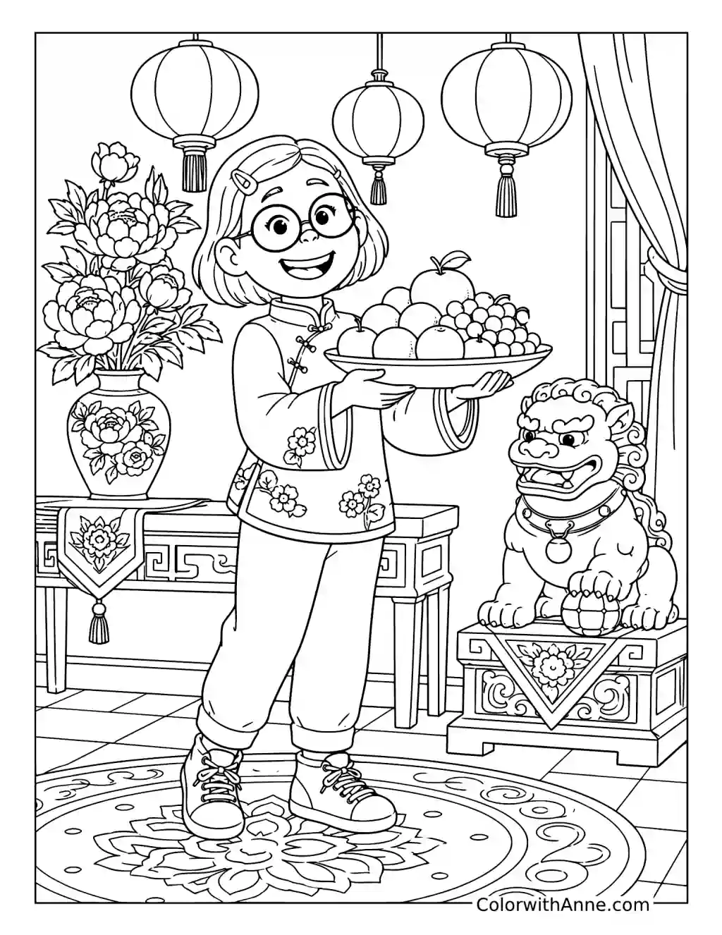 Mei Lee Helping at the Family Temple coloring page
