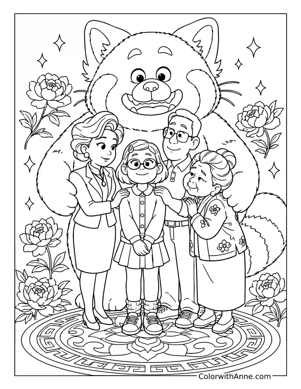 Mei Lee with Her Family and Red Panda coloring page