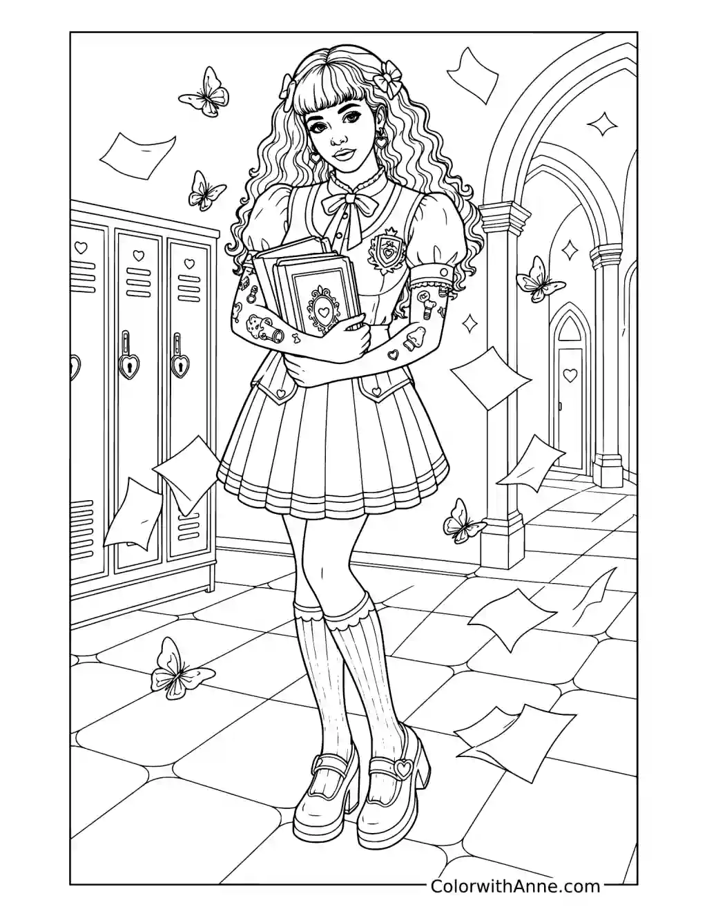 Melanie Martinez Holding Books in a School Hallway coloring page