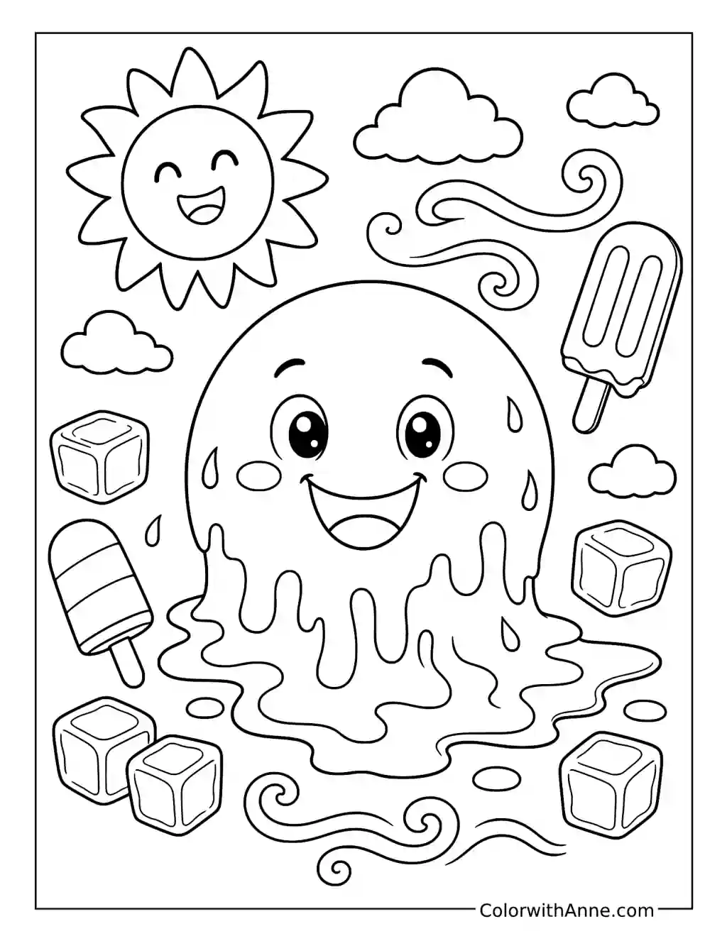 Melting Face Emoji with Ice Cubes and Popsicles coloring page