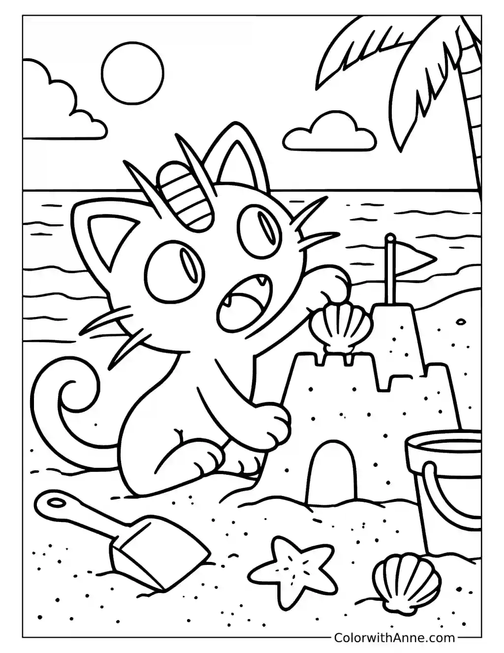 Meowth Building a Beach Sandcastle in a printable coloring scene with clear outlines.