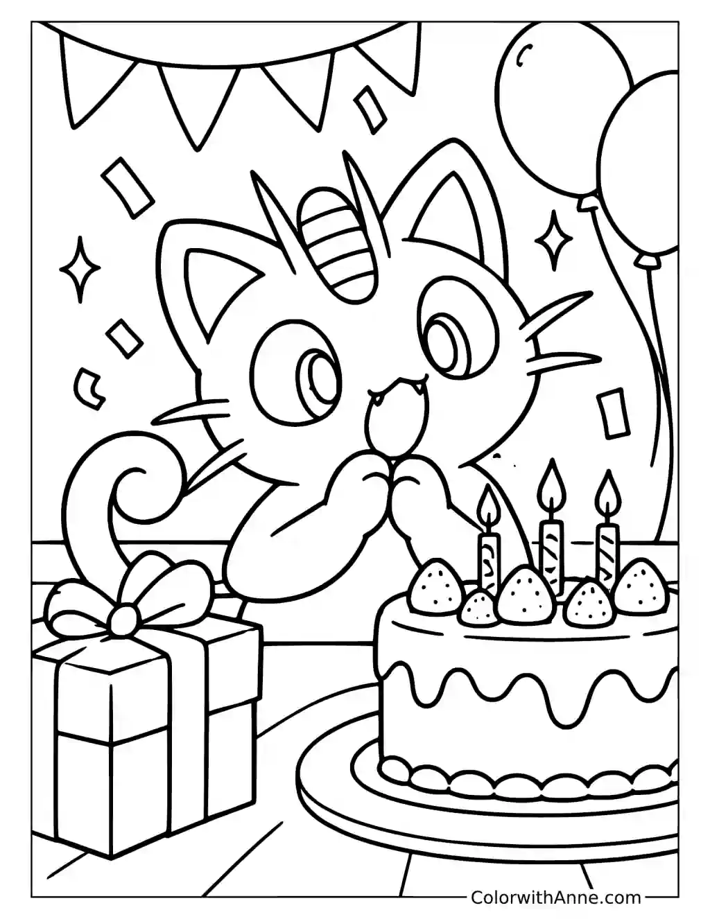 Meowth Celebrating with a Strawberry Cake in a printable coloring scene with clear outlines.