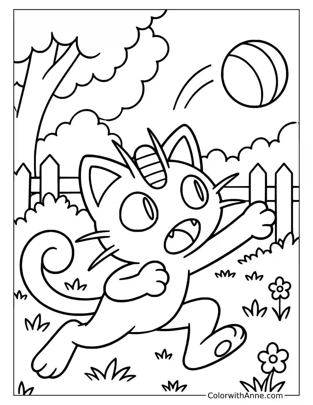 Meowth Chasing a Ball in the Garden in a printable coloring scene with clear outlines.