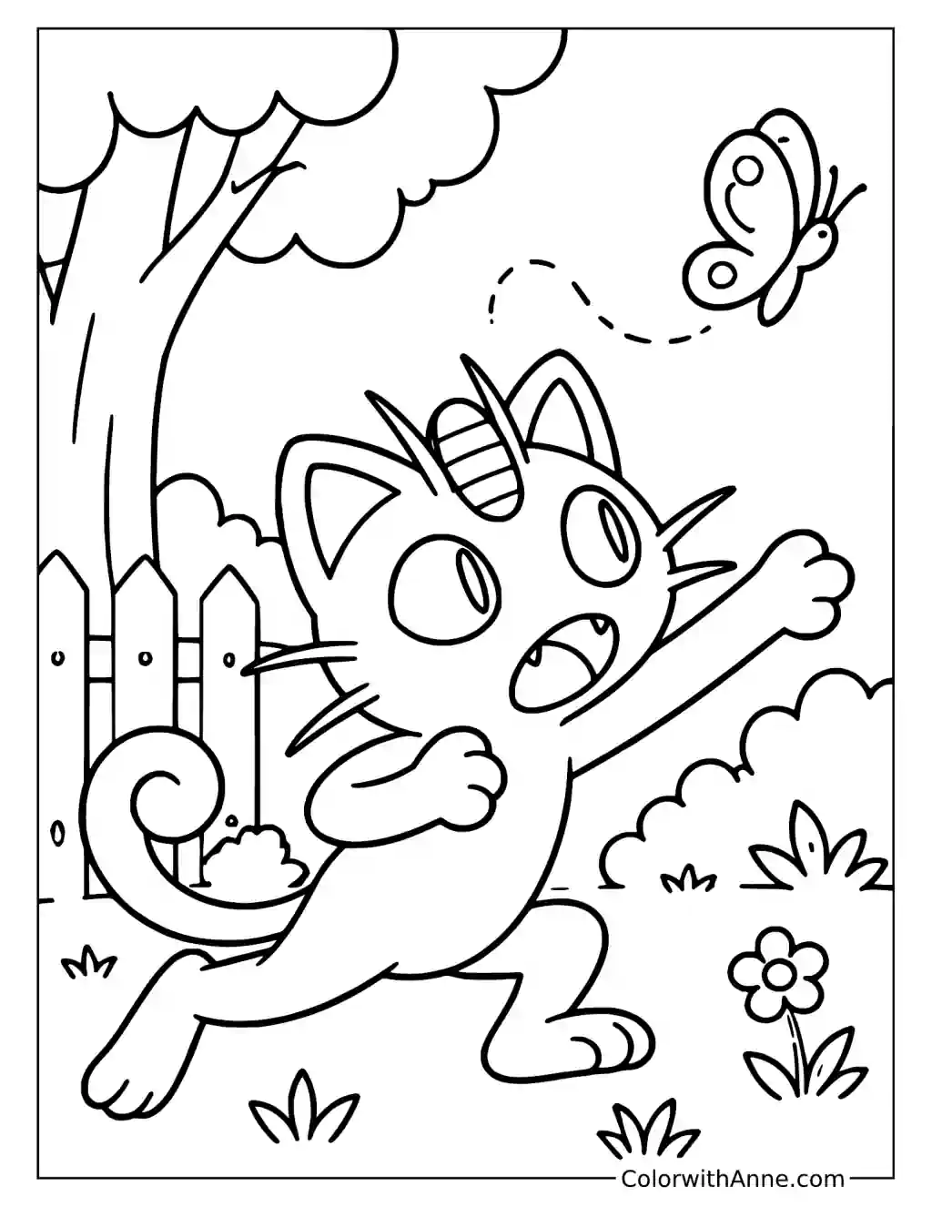 Meowth Chasing a Butterfly beside a Fence in a printable coloring scene with clear outlines.
