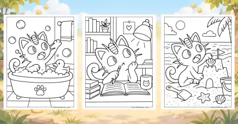 Three Meowth coloring pages arranged on a soft illustrated background.