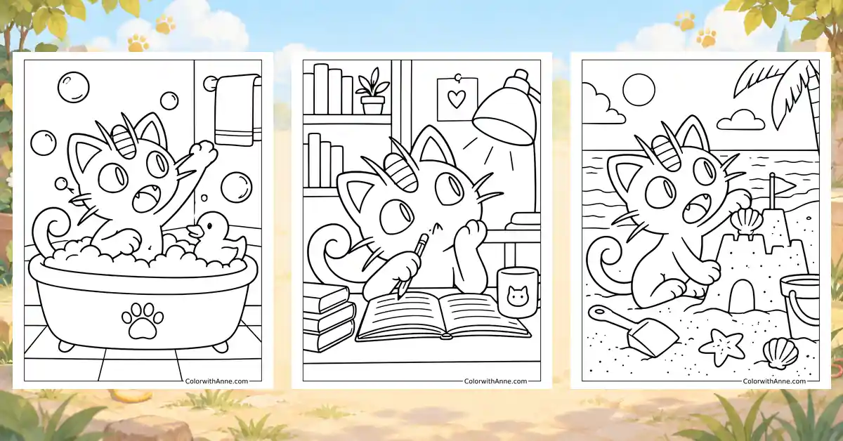 Three Meowth coloring pages arranged on a soft illustrated background.