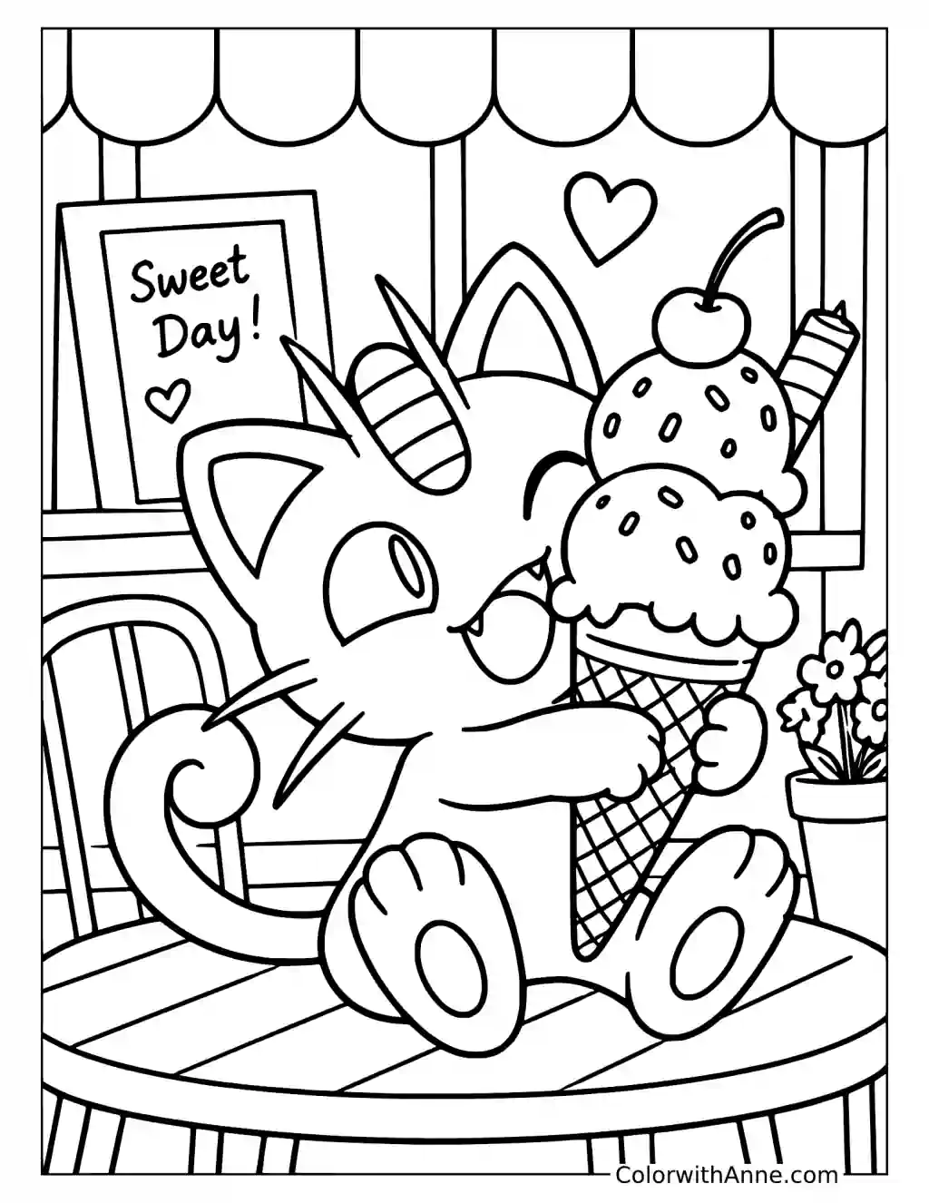 Meowth Eating a Tall Ice Cream Cone in a printable coloring scene with clear outlines.