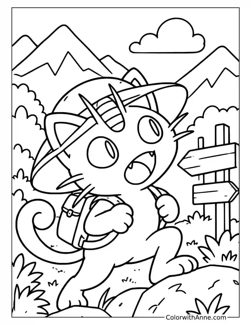 Meowth Hiking a Mountain Trail in a printable coloring scene with clear outlines.