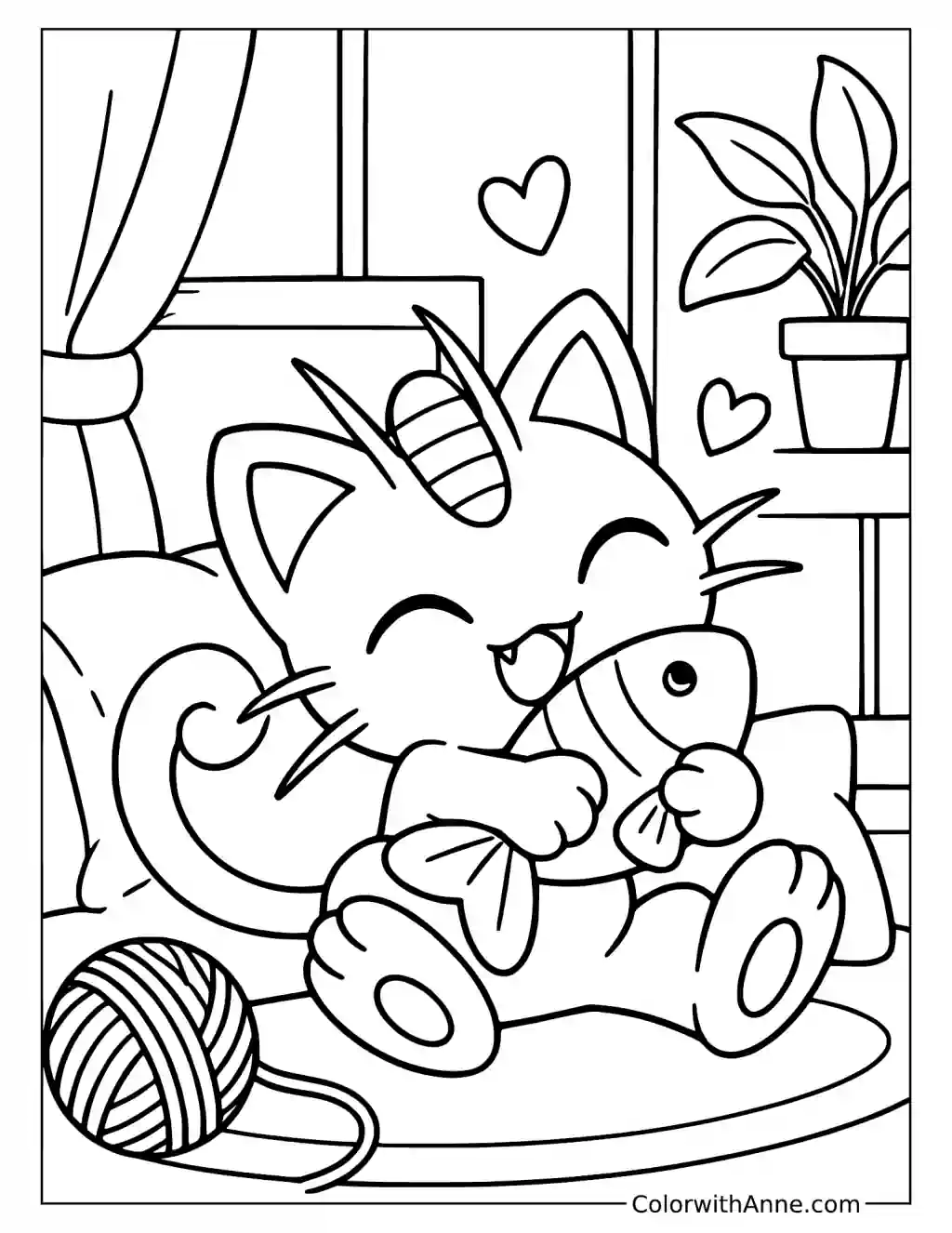 Meowth Holding a Toy Fish in a printable coloring scene with clear outlines.