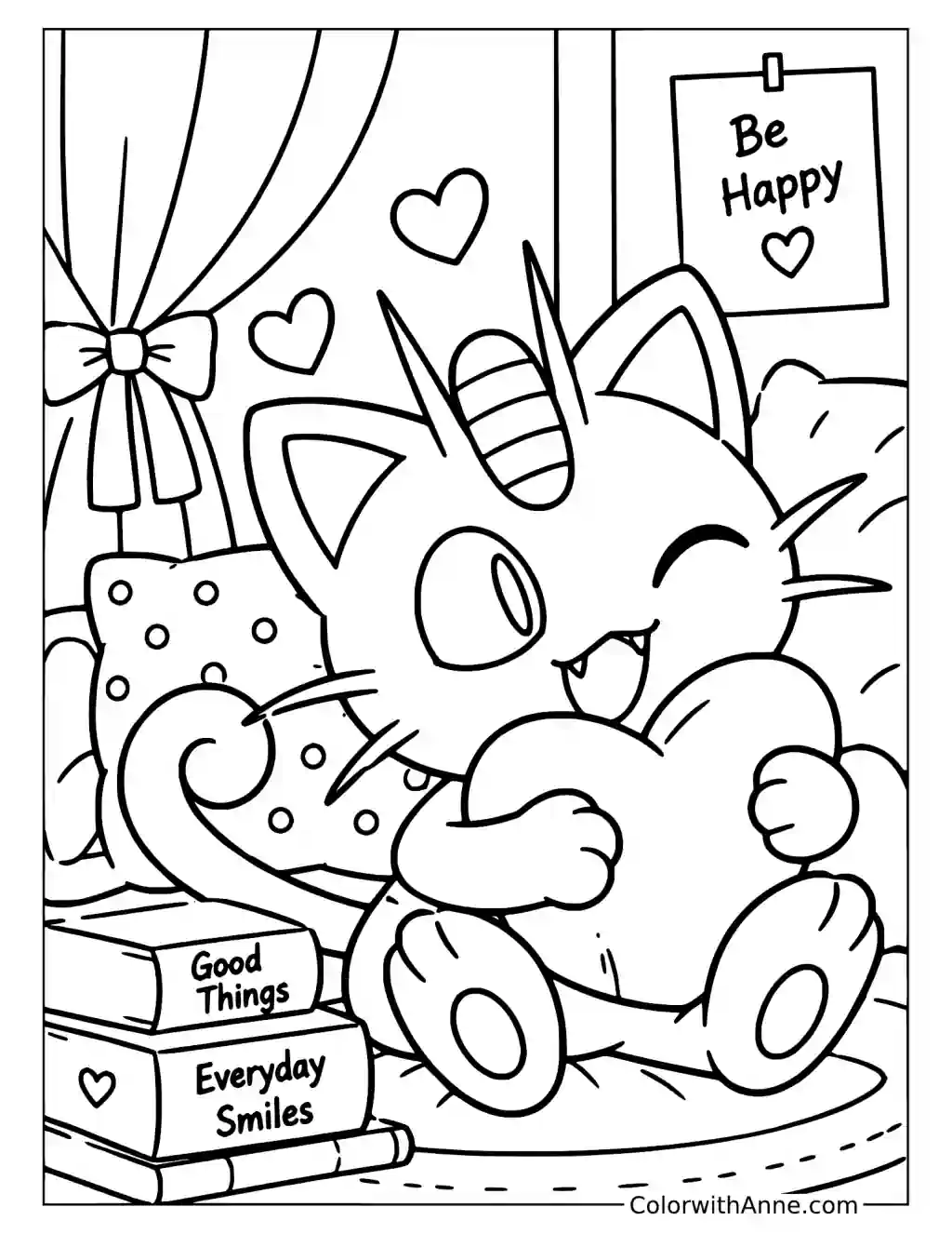 Meowth Hugging a Heart Cushion in a printable coloring scene with clear outlines.