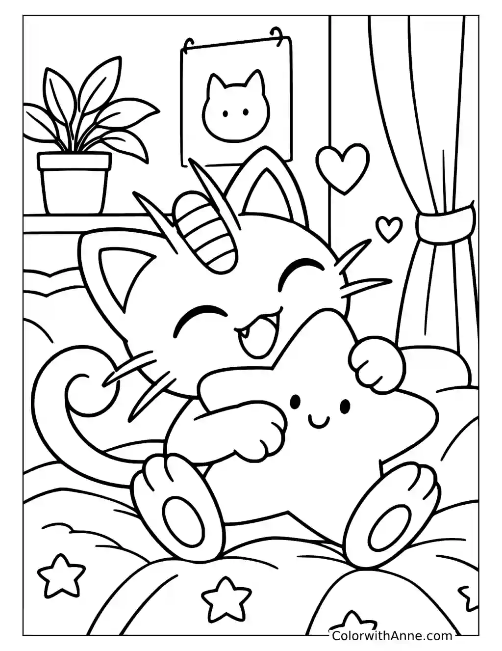 Meowth Hugging a Star Pillow in a printable coloring scene with clear outlines.