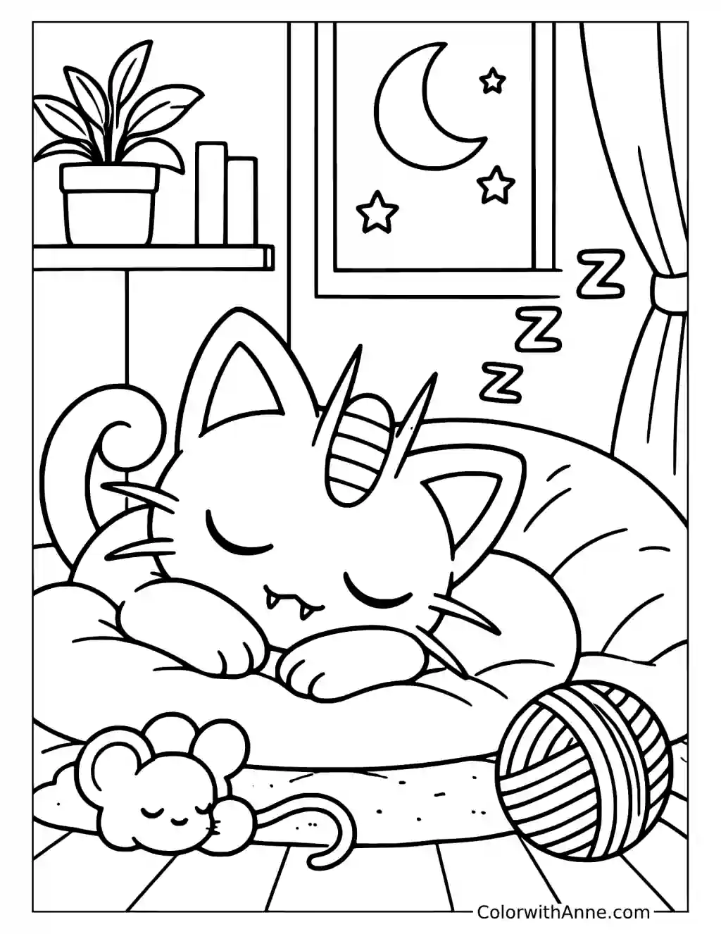Meowth Napping on a Round Cushion in a printable coloring scene with clear outlines.