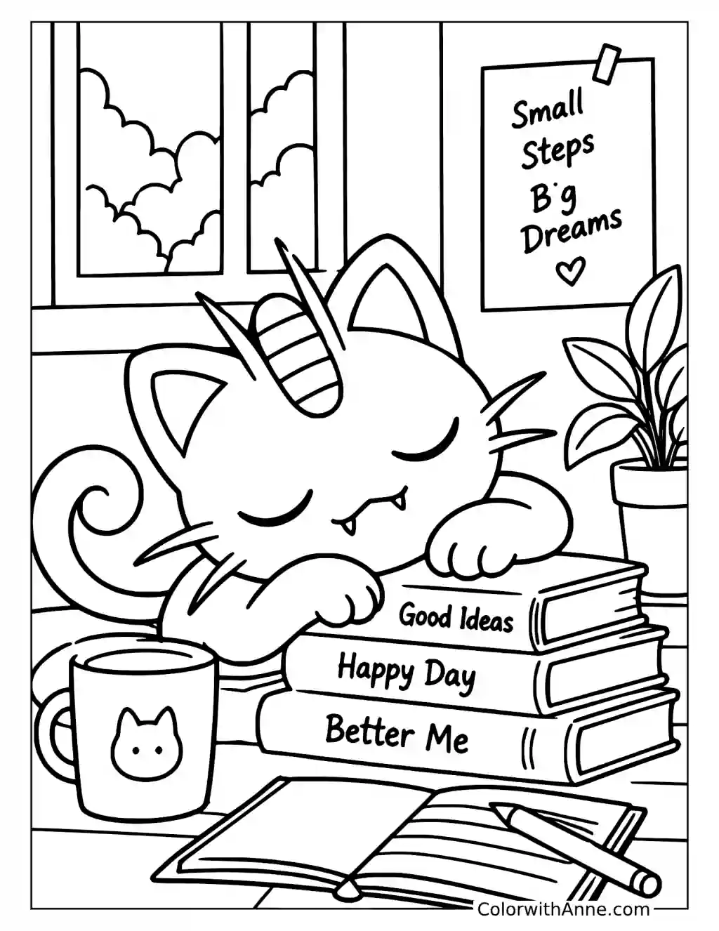 Meowth Napping on a Stack of Books in a printable coloring scene with clear outlines.