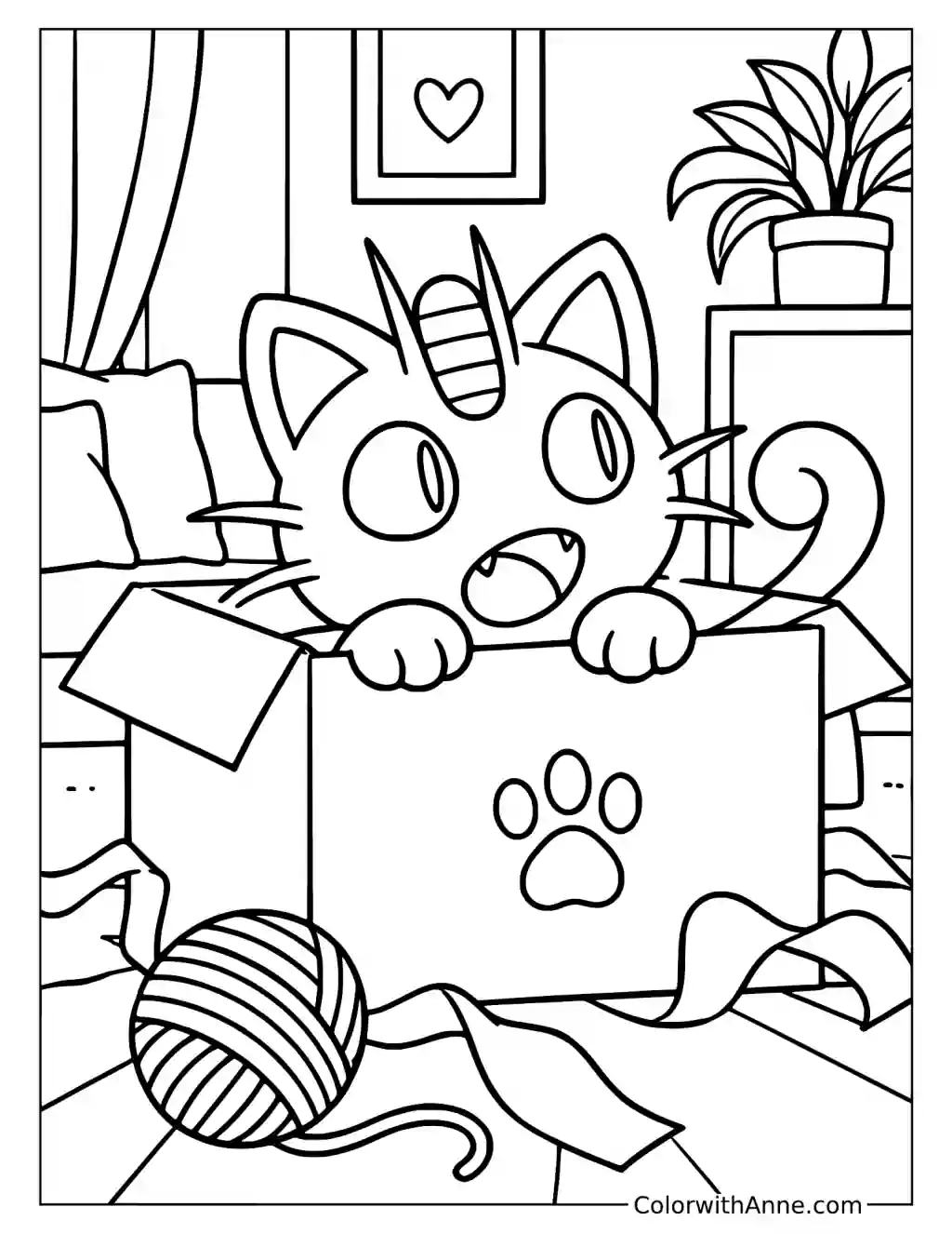 Meowth Peeking from a Box beside Yarn in a printable coloring scene with clear outlines.