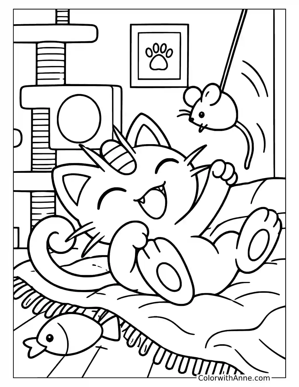 Meowth Playing with a Hanging Toy Mouse in a printable coloring scene with clear outlines.